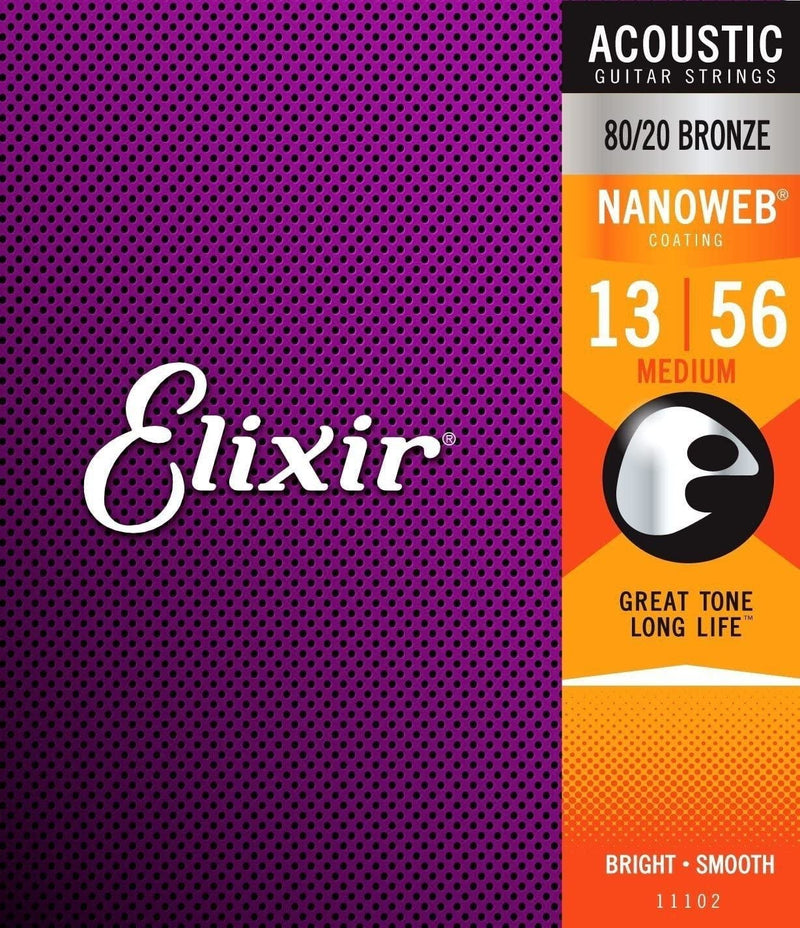 Elixir 11102 Nanoweb 80/20 Bronze 13-56 Medium Gauge Acoustic Guitar Strings