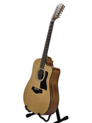 A 16-string acoustic-electric guitar with a natural wood top and dark brown sides, displayed on a black stand against a light gray background.