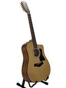 A 16-string acoustic-electric guitar with a natural wood body and dark neck, displayed on a black stand against a plain light gray background.