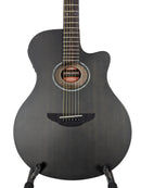 A black acoustic-electric guitar with a cutaway body, shown from the front on a stand against a white background.