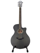 A dark gray acoustic-electric guitar with a cutaway body, displayed on a white stand against a light gray background.
