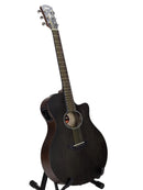 A dark brown acoustic-electric guitar with a cutaway body, standing on a black display stand against a plain white studio background.
