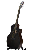 A dark brown acoustic-electric guitar with a cutaway body, standing on a black display stand against a plain white studio background.