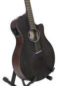 A dark brown acoustic-electric guitar with a cutaway body and side-mounted electronic control panel, displayed on a black stand against a white background.