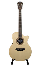 Cole Clark Studio Recording SRAN2EC-SRE acoustic-electric guitar with a natural wood finish, mahogany neck, rosewood fretboard, and abalone dot inlays, displayed on a white background.