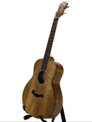 A wooden acoustic guitar with a natural brown finish and dark fretboard, displayed on a black stand against a light gray background.