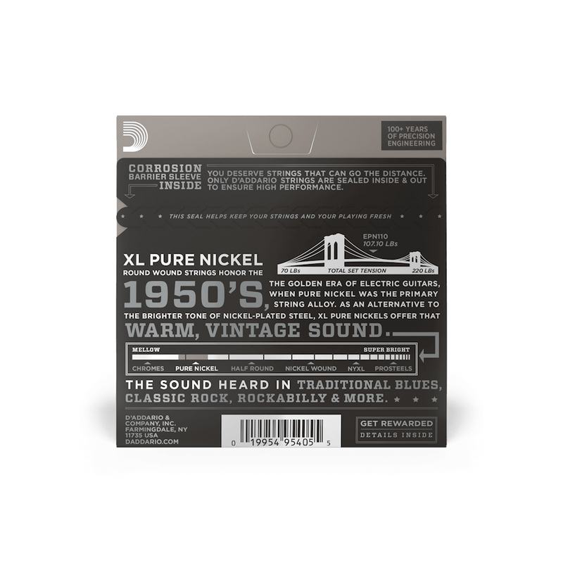 D'addario EPN110 XL Pure Nickel 10-45 Regular Light Electric Guitar Strings