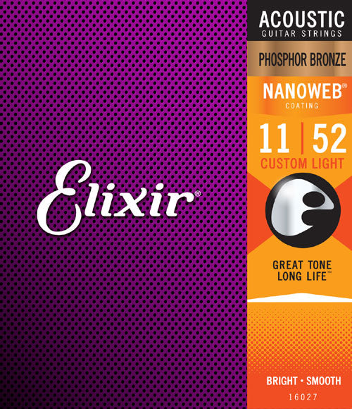 Elixir 16027 Nanoweb Phosphor Bronze 11-52 Custom Light Acoustic Guitar Strings