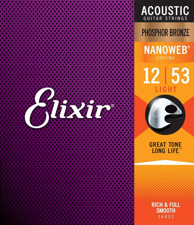 Elixir 16052 Nanoweb Phosphor Bronze 12-53 Light Gauge Acoustic Guitar Strings