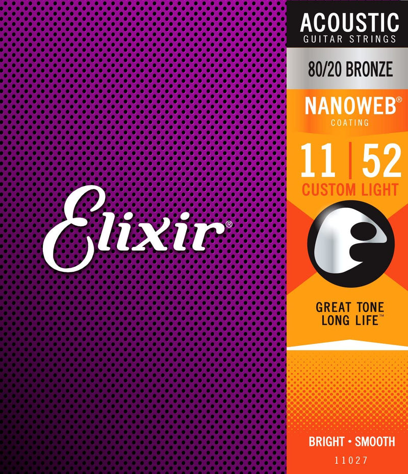 Elixir Nanoweb 80/20 Bronze 11-52 Custom Light Gauge Acoustic Guitar Strings
