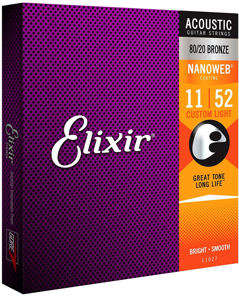 Elixir Nanoweb 80/20 Bronze 11-52 Custom Light Gauge Acoustic Guitar Strings