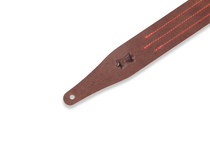 Levy's MV217TS-BRN_RED 2" Veg-tan Leather Guitar Strap With Contrast 3-line Stitch.